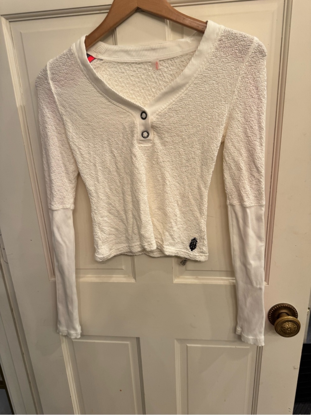 Free People Cream Textured Long-Sleeve Henley Top